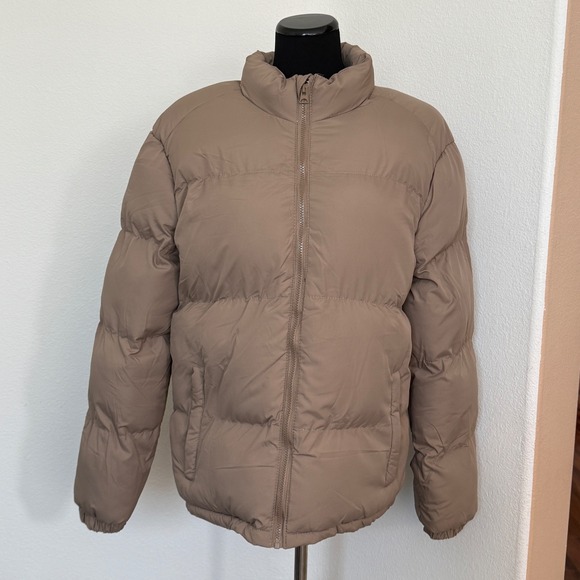 BoohooMAN Mens Puffer Jacket Winter Coat Beige Full Zip Padded Size Large - Picture 1 of 6